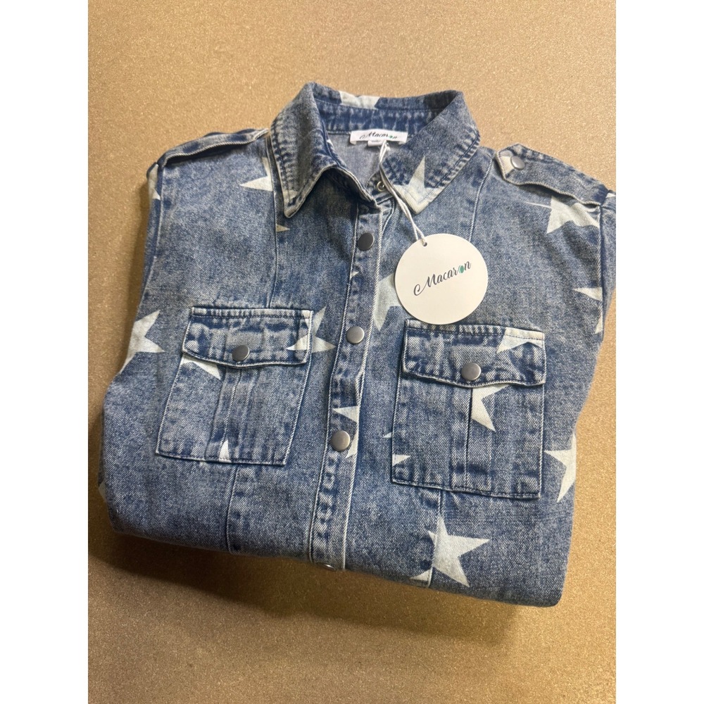 Macaron Star Print Denim Jacket MD52E Acid Wash Blue White Womens Small NWT‎